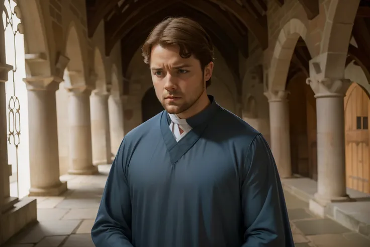 1144, Cherbourg, France. Otherworldly scene in a medieval monastery cloister, ((((35-year-old)) Richard Rankin)), monk, ((angry expression, frowning)), ((((plain tunic from the 12th century)))), ((Hairstyle of the 12th century)), ((Wes Anderson cinematic s...