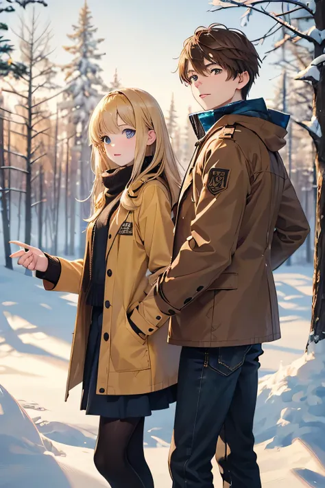 Winter landscape, Winter Forest, winter, snowfall. Beautiful blonde 13 years old., dressed in a yellow-brown jacket and a brown-eyed brunette boy of 13 years old., in a dark blue jacket, go hand in hand