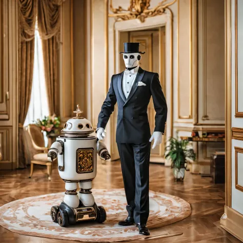 in a luxurious room of a rich palace, Robot Butler in an elegant doorman&#39;s outfit