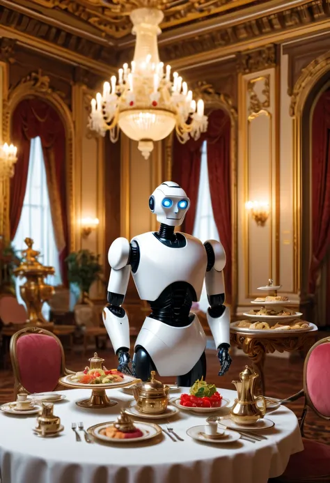 A robot butler serves a variety of dishes in an ornate dining room...,  Robot Butler, in an elegant butler&#39;Attire, luxurious room of a rich palace