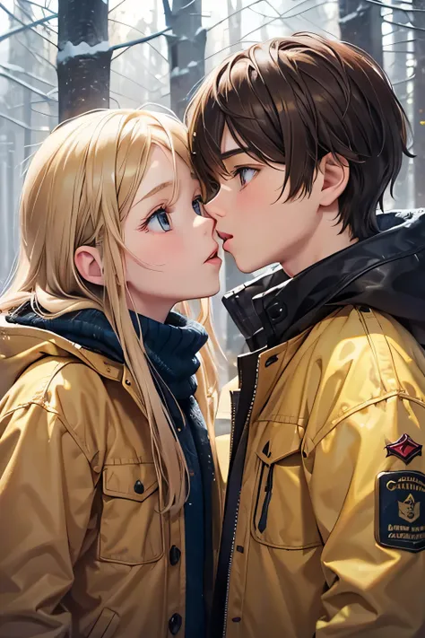 Winter landscape, Winter Forest, winter, snowfall. Beautiful blonde 13 years old. (good face rendering), dressed in a yellow-brown jacket and a brown-eyed brunette boy of 13 years old. (good face rendering), in a dark blue jacket, Kiss