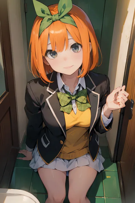 Nakano Yotsuba(The Bride of Fifths)、1girl, ​masterpiece、top-quality、NSFW, {{{pissing}}}、vagina, Orange pubic hair, {toilet room}、green hair bow, yellow sweater, black blazer,A slight smil、