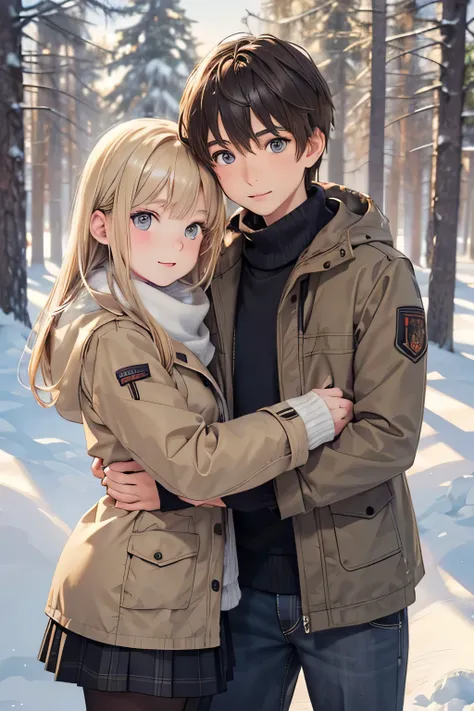 Winter landscape, Winter Forest, winter, snowfall. Pretty blonde girl 13-years old with gray eyes (good face rendering), In a brown jacket, and a brown-eyed brunette, 13-years old (good face rendering) Cuddling