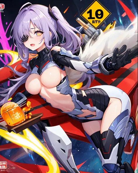 Japanese_anime_style,1figure_girl,(loli:1.5), (short_ponytail:1.3), (light_whitish_purple_hair:1.3),black_mechanical_armor_parts,white_breasts_parts_red_black_body_suit,bare_shoulder,bare_slender_thighs,medium_breasts,on_the_desk, desk_background,Stinging_...