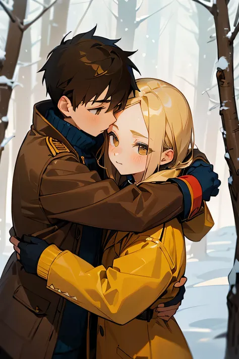 Winter landscape, Winter Forest, winter, snowfall. Beautiful blonde 13 years old., dressed in a yellow-brown jacket and a brown-eyed brunette boy of 13 years old., in a dark blue jacket, hugging each other