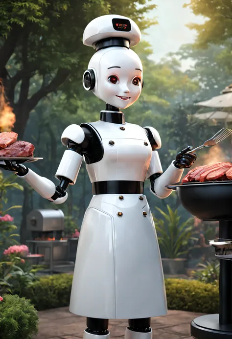 Qingdao Chitose style, Retro-Future, Robot butler in retro clothing is grilling meat, The head is equipped with a high-definition analog face display, Warm and friendly smile, Wearing a holographic white butler uniform dress suit, Background with: Surreal ...