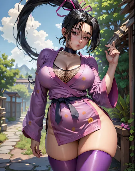 masterpiece, best quality, shigure kosaka, brown eyes, long hair, black hair, ponytail, hair ribbon, black choker, pink kimono, purple thighhighs, sandals, outdoor,  cowboy shot, looking at viewer,