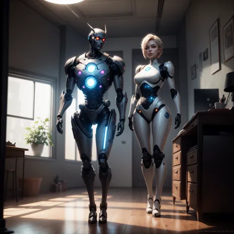 Electrobots and offices, unreal-engine, cozy indoor lighting, art  stations, detailed, digitial painting, Cinematic, character  design：Mark Leyden、Pixar and Hayao Miyazaki, Unreal 5, daz, Hyper-realistic, octaneratingrendering