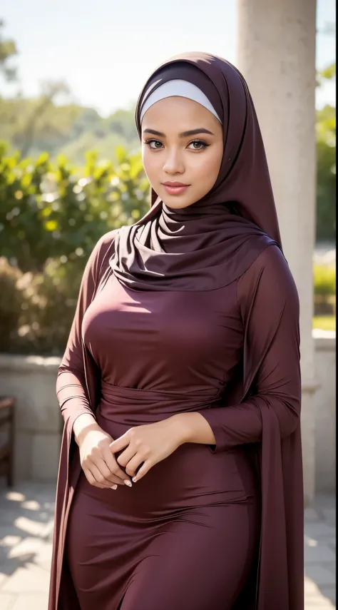 ( Close Up),RAW, Best quality, high resolution, masterpiece: 1.3), beautiful Malay woman in hijab,Masterpiece, perfect fit body, big breast,big gorgeous eyes, Soft smile,beutiful face,thick thighs, woman wearing a blue scarf and a brown dress, hijab, modes...