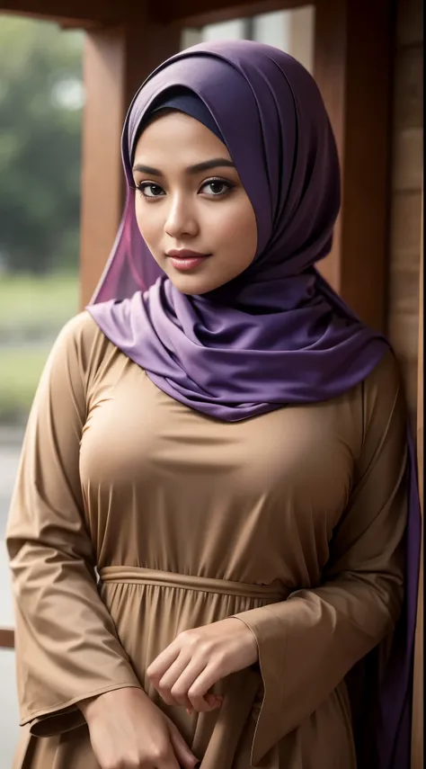 ( Close Up),RAW, Best quality, high resolution, masterpiece: 1.3), beautiful Malay woman in hijab,Masterpiece, perfect fit body, big breast,big gorgeous eyes, Soft smile,beutiful face,thick thighs, woman wearing a blue scarf and a brown dress, hijab, modes...