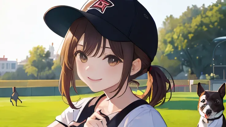 (​masterpiece、top-quality:1.2), 独奏, 1girl in, piper, very smiling look at viewer, (hands on own cheeks:1.2), Brown hair, poneyTail, white t-shirts, denim, Puffy Short Sleeves, Fingerless gloves, (Brown hair, Short hair, Bangs, Black Baseball Cap),playing w...