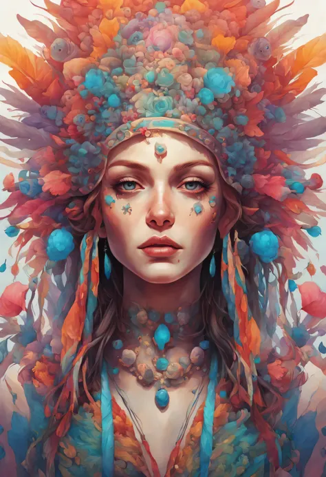 a painting of a woman with a colorful headdress and many skulls, Beeple und Jeremiah Ketner, Jen Bartel, Artgerm Julie Bell Beeple, hochkompliziert in Technicolor;, Painting by Android Jones, Hyper - Detaillierte, Visionary art, Greg Beeple, Detailbemalung...