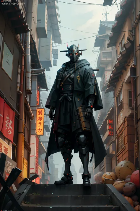 (masterpiece, full-body shot, intrincate raw photography)cyberpunk samurai in samurai pineapple pattern oversize black jacket, anime, rocketeer, Japanese demon mask evil style helmet, blue neon light details, intrincate, futuristic,sharp, accurate focus, r...