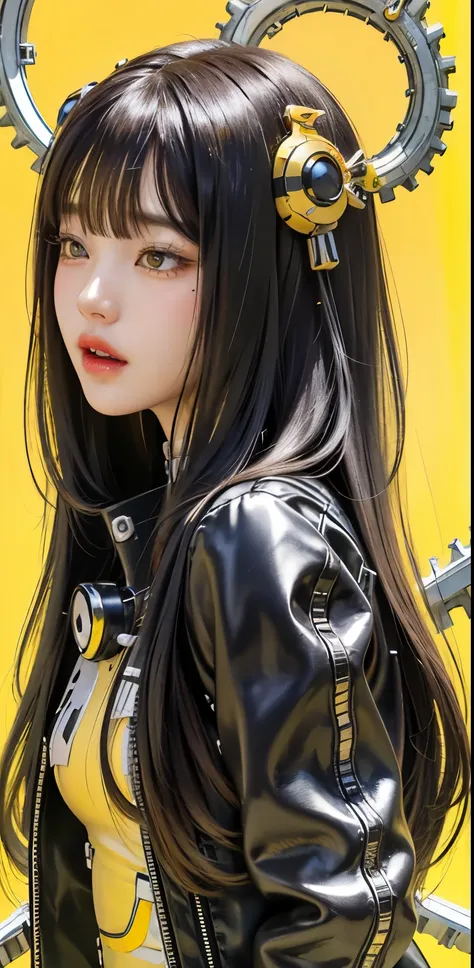 profile photo, in front of the yellow wall, asian cyborg woman without body, connected by cable, twisted cable and wire and led,...