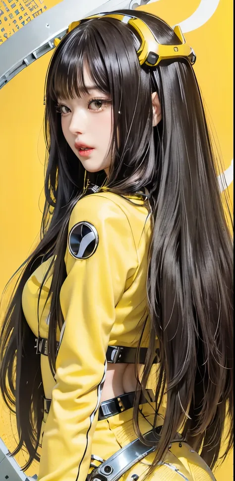 profile photo, in front of the yellow wall, asian cyborg woman without body, connected by cable, twisted cable and wire and led,...