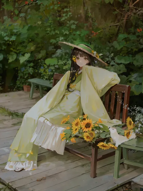 there is a woman sitting on a bench with sunflowers, with yellow cloths, wearing wheat yellow gauze, hanfu, dressed with long fluent clothes, green and yellow tones, palace ， a girl in hanfu, with yellow flowers around it, with straw hat, white hanfu, yell...