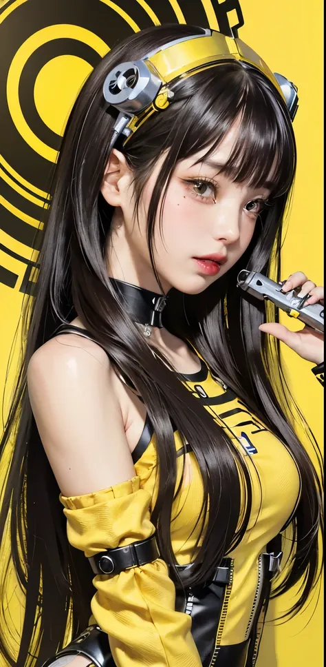 profile photo, in front of the yellow wall, asian cyborg woman without body, connected by cable, twisted cable and wire and led,...