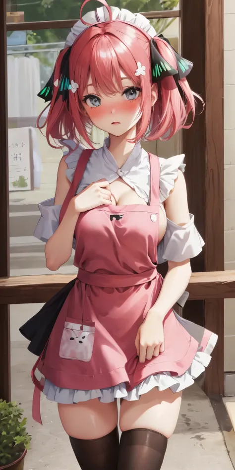 1girl in, 独奏, Nakano Nino, Pink hair, butterfly hair ornament, (barechested:1.3), (White apron),, cleavage of the breast, thighs thighs thighs thighs, Cafe background, (red blush:1.3), opening legs