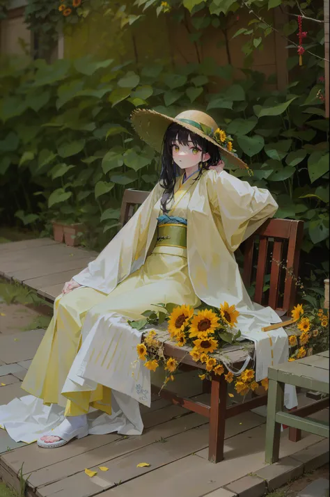 there is a woman sitting on a bench with sunflowers, with yellow cloths, wearing wheat yellow gauze, hanfu, dressed with long fluent clothes, green and yellow tones, palace ， a girl in hanfu, with yellow flowers around it, with straw hat, white hanfu, yell...