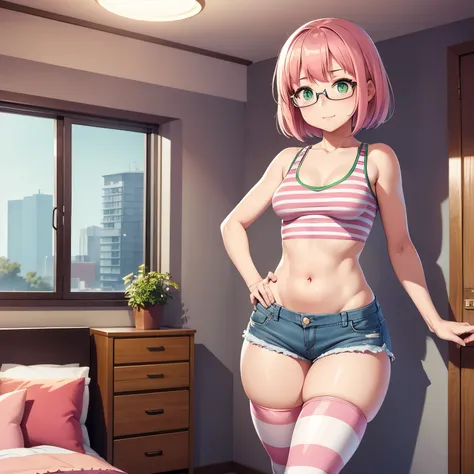 1girl, small breasts, small hips, green eyes, pink hair, crop top, denim shorts, bedroom, striped thighhighs,,pervert, petite, glasses,