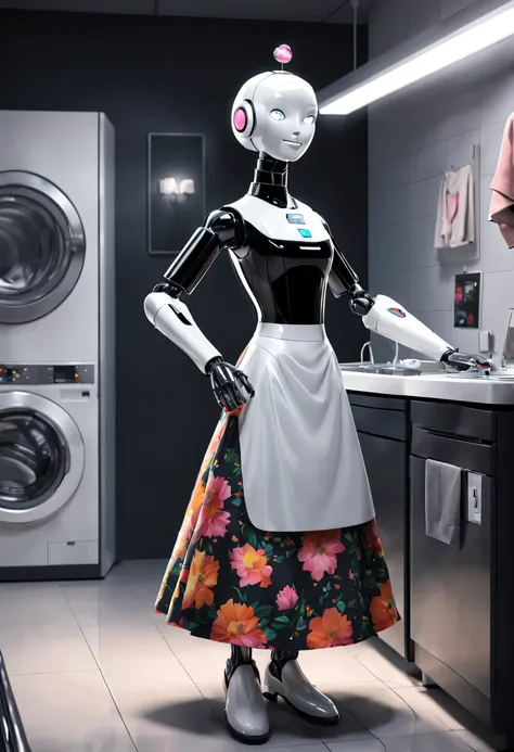 erik jones style, robot butler is ironing clothes,wearing a retro floral skirt, the head is equipped with a high-definition anal...