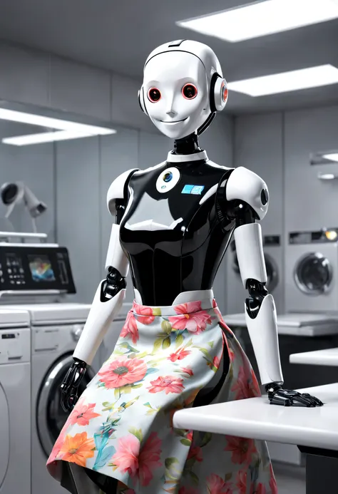 erik jones style, (robot butler is ironing clothes:1.3）,wearing a retro floral skirt, the head is equipped with a high-definitio...