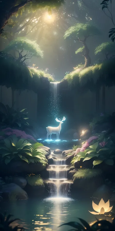 Masterpiece, best quality, (very detailed CG unity 8k wallpaper), (best quality), (best illustration), (best shadows), glow sprite, with a glowing deer, in the swimming pool Drinking water, natural elements in the forest theme. Mysterious forest, beautiful...