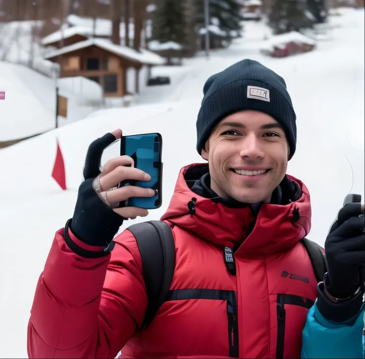 Skier holds up two k photores in front of ski resort, taken ,  of a man,  photoregraphy, !!!!! of a man, Sasha Schneider, accidentally taken ,  photore, Daniel Dorsio, Guillaume Tolly, With mountains as a backdrop, Rafael Pernaz, Daniel Richter,