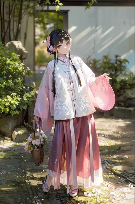 arafed asian woman in traditional dress holding a basket and a fan, hanfu, white hanfu, palace ， a girl in hanfu, with acient chinese clothes, traditional chinese clothing, wearing ancient chinese clothes, chinese costume, flowing sakura-colored silk, flow...