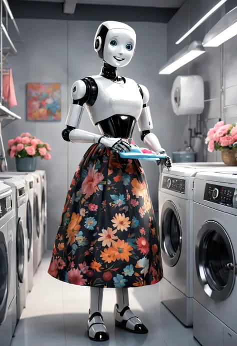 erik jones style, (robot butler is doing laundry:1.3）,laundry basket，wearing a retro floral skirt, the head is equipped with a h...