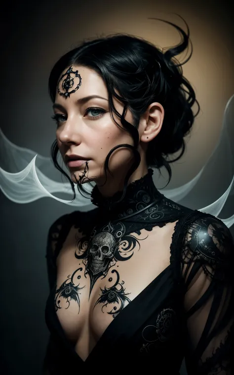 (Evangeline Lilly) is a beautiful charming woman carved out of dark smoke, dressed as a Steampunk girl in black, circular colored smoke, waves of shadows at night, abstract skull ornaments, pixie back fade haircut, soft colors, flat 4d street art in the st...