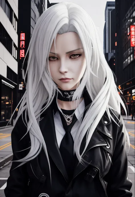 Anime girl with long white hair and a black jacket in the city, Girl with gray hair, perfect white haired girl, white haired, digital art from danganronpa, One girl has gray hair, white haired lady, White-haired, Long Hair Anime Girl, blonde Long Hair Anim...