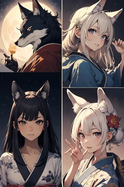 ((Best Quality)), ((masutepiece)), (Detailed), Perfect face、perfect bodies、perfect hand、Beastman、fox、１９age、girl with、kimono、Modern style、fullmoon、loiter、Ephemeral face、Beautiful face、low angles