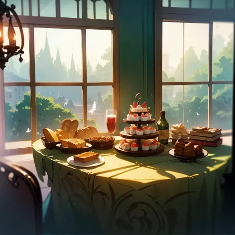 Small wooden table, The birthday cake, lewd juice, breads, Outside the window, baiyun, butterflys, Romanticism, rococo style, anaglyph, high detail, atmospheric perspective, super detail, ccurate, best quality, UHD