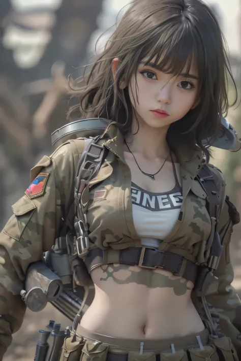 Unreal Engine:1.4,Ultra-realistic 64K CG, Photorealista:1.4, Skin Texture:1.4, Top 1 girls in bikinis ,japanes, sixteen years old, Gatling gun, Shell casing, Looking at Viewer, Bangs, ammunition belt, gloves,Saggy breasts,opening fire,in the picture, A bea...