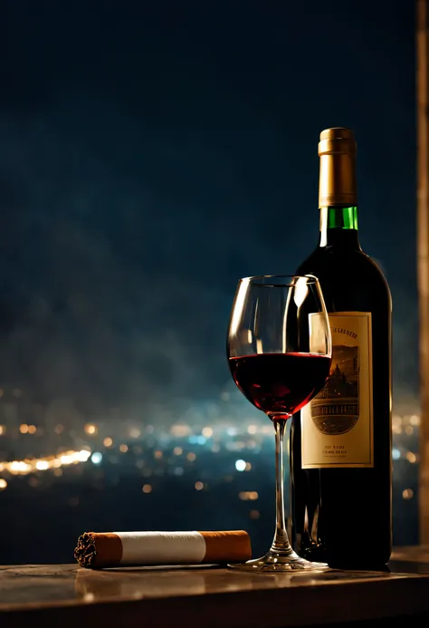 half bottle of foreign wine, half a cigarette,，red wine glasses，yancheng night view