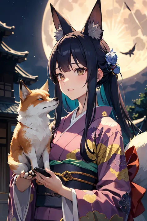 ((Best Quality)), ((masutepiece)), (Detailed), Perfect face、perfect bodies、perfect hand、Beastman、fox、１９age、girl with、kimono、Modern style、fullmoon、loiter、Ephemeral face、Beautiful face、low angles