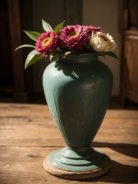 still life photo, close-up shot of a ancient art deco clay vase in a medieval room on an old elegant but worn-out round table, impressed decorations, imperfect surface, realistic textures, penumbral hazy environment, natural light, Hasselblad X1D