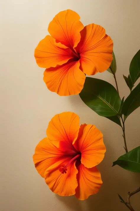 hibiscus flower blooming on a gnarled branch against a grey background,  background, in the style of light orange and light beige, minimalist images, photography installations, paleocore, green and crimson, hyper-realistic, poetic intimacy