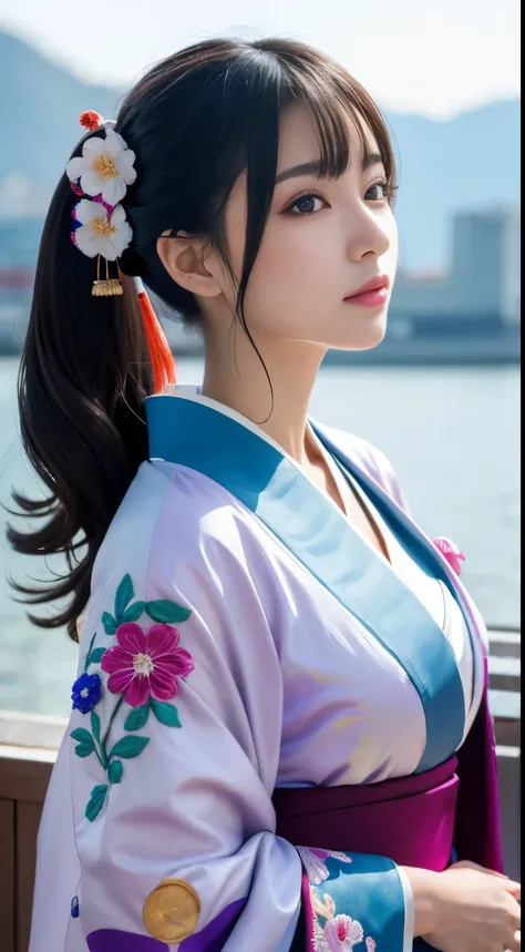 Detailed background((a moon：1.5),Desolate city)、BREAK,elaborate costume{Luxurious kimono(pale and coloured kimono(detailed embroidery,))}、(Japanese Idol(actress):1.2)(face perfect:1.2),Expressing a beautiful and elegant woman。glossy dark hair,poneyTail,Hea...