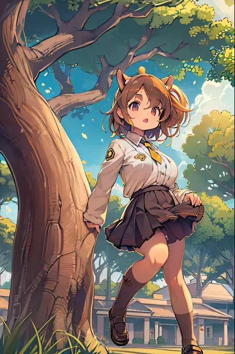 Sally Acorn, 1girl in, Solo, tree, skyporn, Outdoors, Skirt, cloud, brown, hair, Sunset, lens, f lare, Scenery, School, uniform, Sun, Wind, long, sleeves, animal snout、huge-breasted