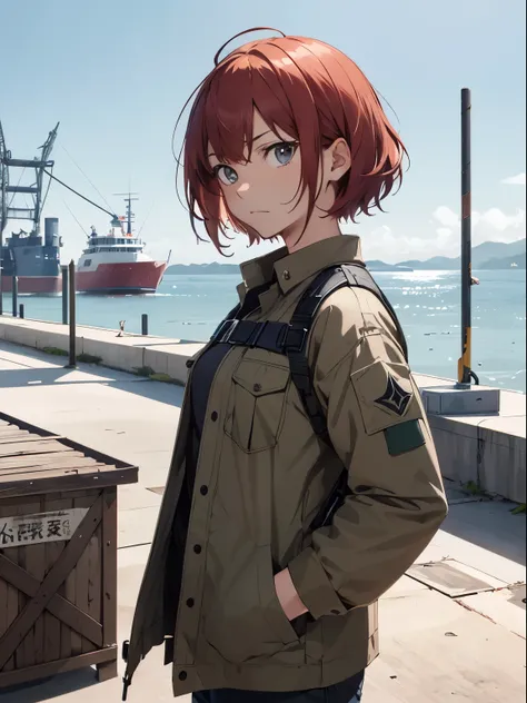 Absurd resolution, High resolution, (masutepiece:1.4), ultra-detailliert, Weapons testing ground at an empty dock by the sea, 1 young woman, Short red hair, Soldier Costume, a very serious expression, Upper body, hands in the pocket