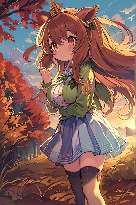 Sally Acorn, 1girl in, Solo, tree, skyporn, Outdoors, Skirt, cloud, brown, hair, Sunset, lens, f lare, Scenery, School, uniform, Sun, Wind, long, sleeves, animal snout、huge-breasted