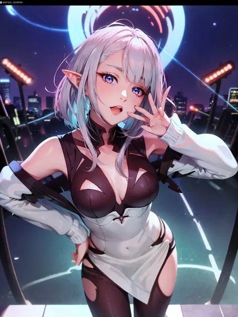 cyber punk, masterpeace, ultra detail, Most of the screen is Geminid meteor shower, a young elf with long silver hair and pointy ears holding a cyber punk tripod microphone stand look up at Geminid meteor shower, She is a very　famous singer, She is wearing...