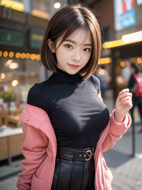 (8K,masutepiece, Raw photo,Best Quality:1.4),(photographrealistic:1.2),(extremely Detailed face),(Shiny skin),(Detailed skin),(Detailed face),(Extremely beautiful face),1girl in,Looking at Viewer,Japanese ido、(((Cute short hairstyle))),Smile,glamor,big che...