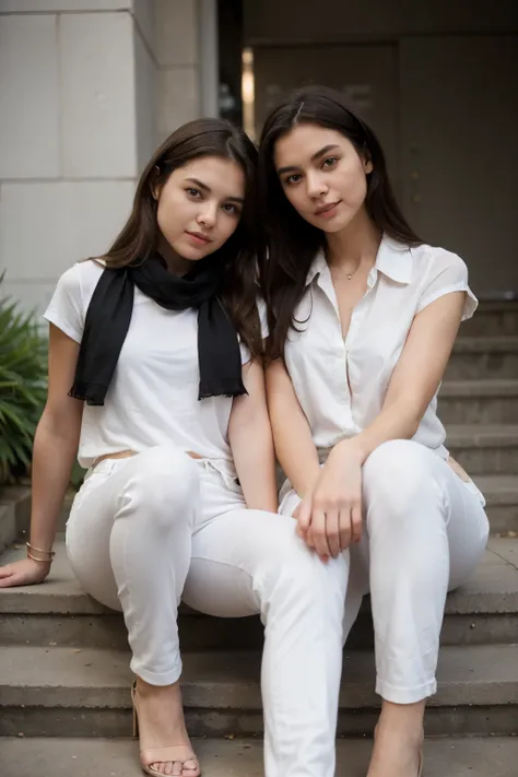 The image depicts a two young woman sitting on a set of stairs, wearing a black scarf, a white shirt, and black pants. She is posing for the camera with a confident expression on her face. show Pussy