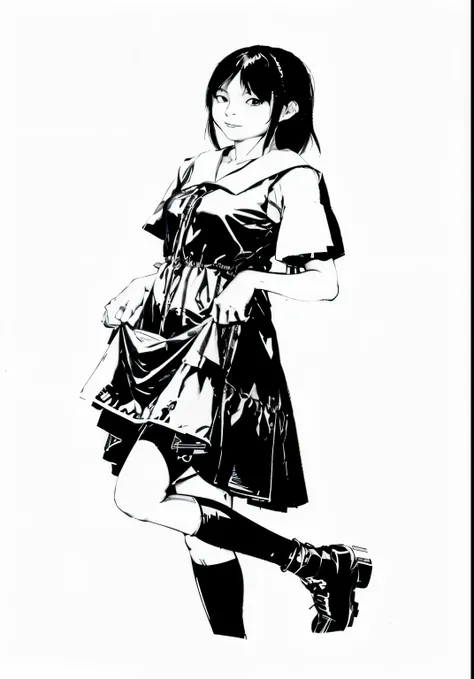 足を組んで地面に座っているan anime girl, black and white manga style, an anime girlはしゃがんでいます, しゃがむ美しいan anime girl, 「an anime girl, an anime girl, Rei Hiroe, 若いan anime girl, Sailor Uniform, black and white manga, a manga drawing, Anime Girl, aya takano color style, Fu...