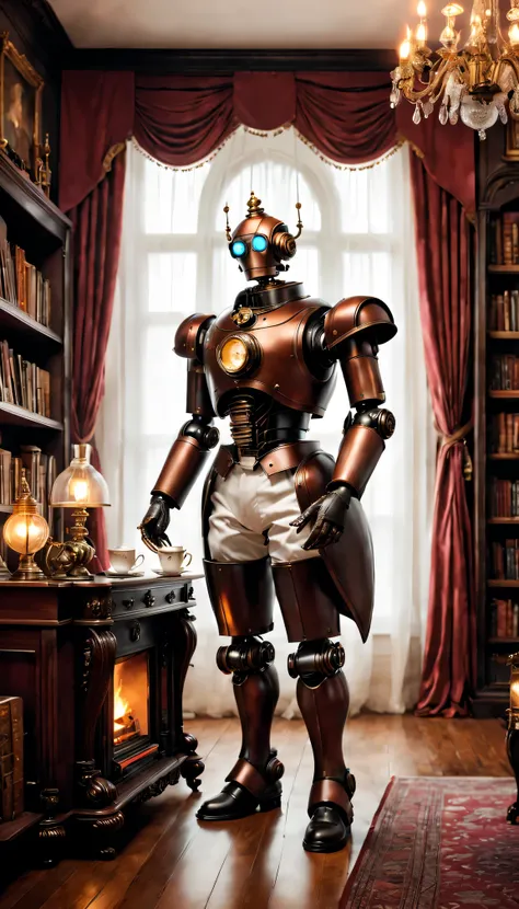 Steampunk robot butler，smart and polite，Well-designed Victorian interior，detailed，gorgeous furniture，Polished hardwood floors，high polished silver，Crisp white linen，plush curtains，The wall bookshelves are filled with leather bound tomequisite tea sets，Maga...