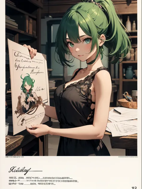 absurderes, hight resolution, ultra-detailliert, (1girl in:1.3), Design images featuring beautiful calligraphy, With expressive lettering, Gracious prosperity, And a sense of craftsmanship and skill、Green hair