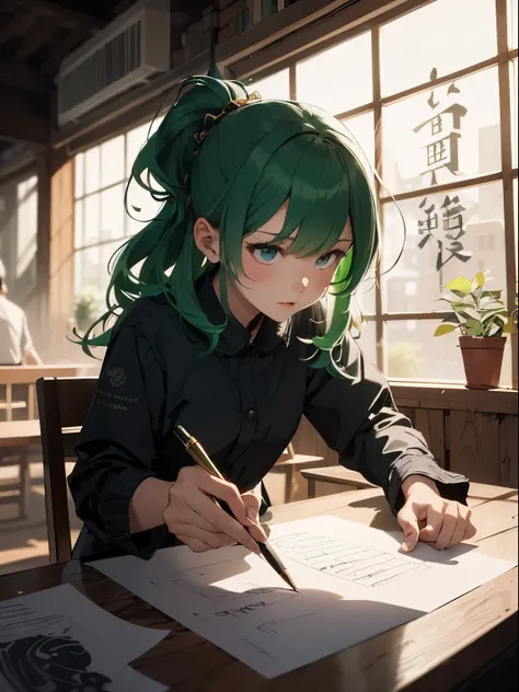 absurderes, hight resolution, ultra-detailliert, (1girl in:1.3), Design images featuring beautiful calligraphy, With expressive lettering, Gracious prosperity, And a sense of craftsmanship and skill、Green hair